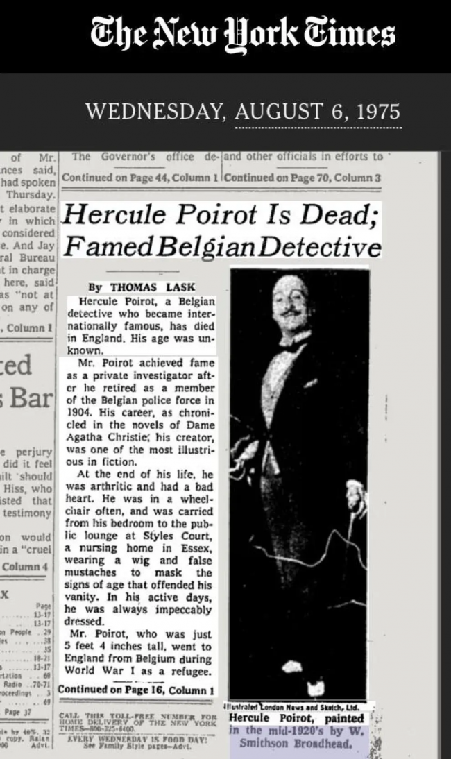 Cinquenta anos desde a morte de Hercule Poirot: o detetive fictício que ganhou um obituário real no The New York Times