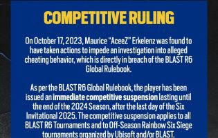 BLAST bane jogador da Rainbow Six: Siege até o fim da temporada de 2024 por impedir investigação de trapaça