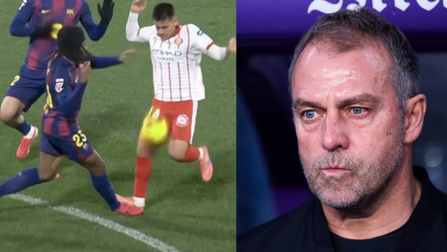 O Barcelona reclama de falta em Koundé pouco antes do gol do Girona: "Todos vocês viram isso", diz Hansi Flick