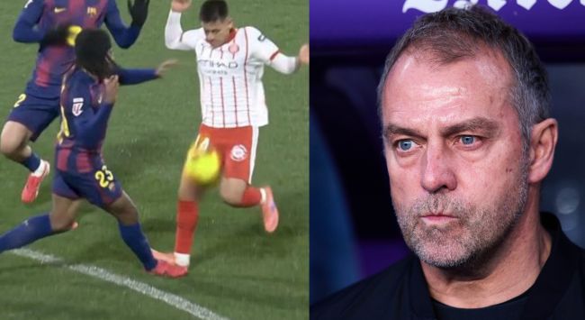 O Barcelona reclama de falta em Koundé pouco antes do gol do Girona: 