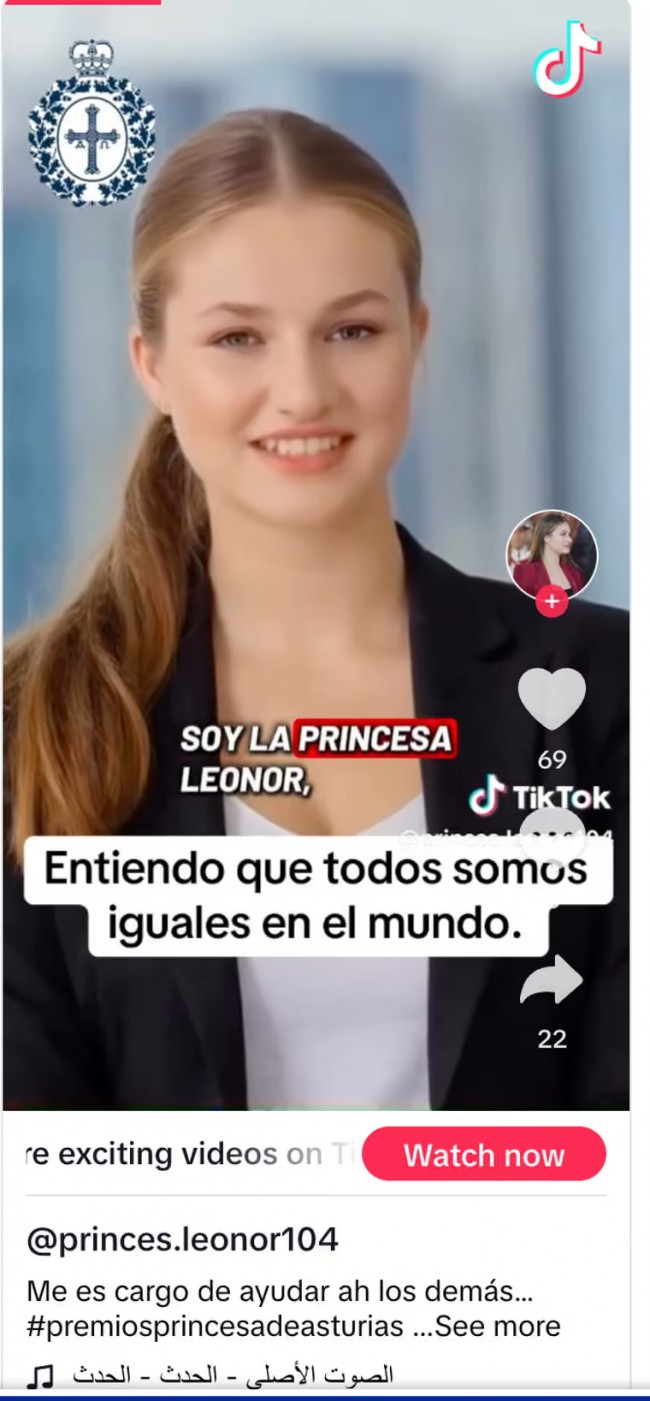 Aviso: Golpe no TikTok usando vídeos de IA da Princesa Leonor da Espanha