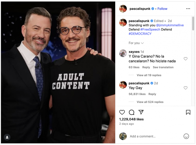 Pedro Pascal apóia Jimmy Kimmel após suspensão da ABC