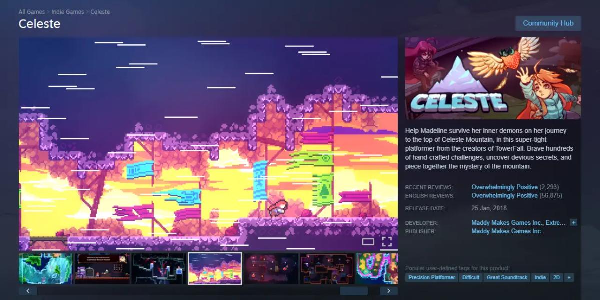 Uma captura de tela da página da loja Steam para o jogo Celeste, mostrando imagens da jogabilidade e detalhes do produto.