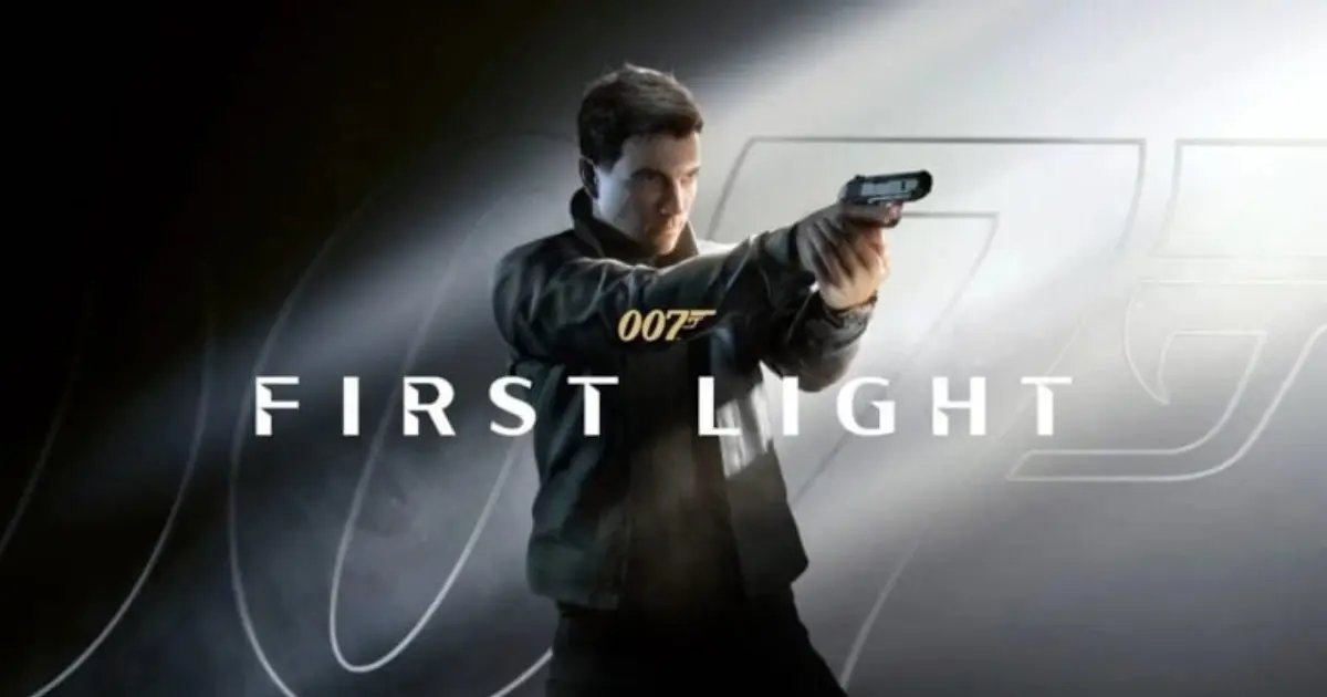 Imagem promocional do videogame 007 First Light apresentando um homem segurando uma pistola.