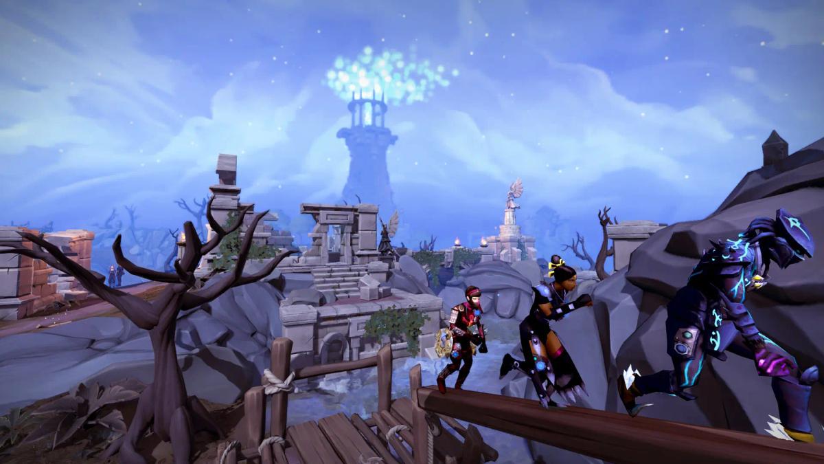 Uma captura de tela de jogabilidade de RuneScape mostrando personagens atravessando uma ponte de madeira em uma paisagem de fantasia.