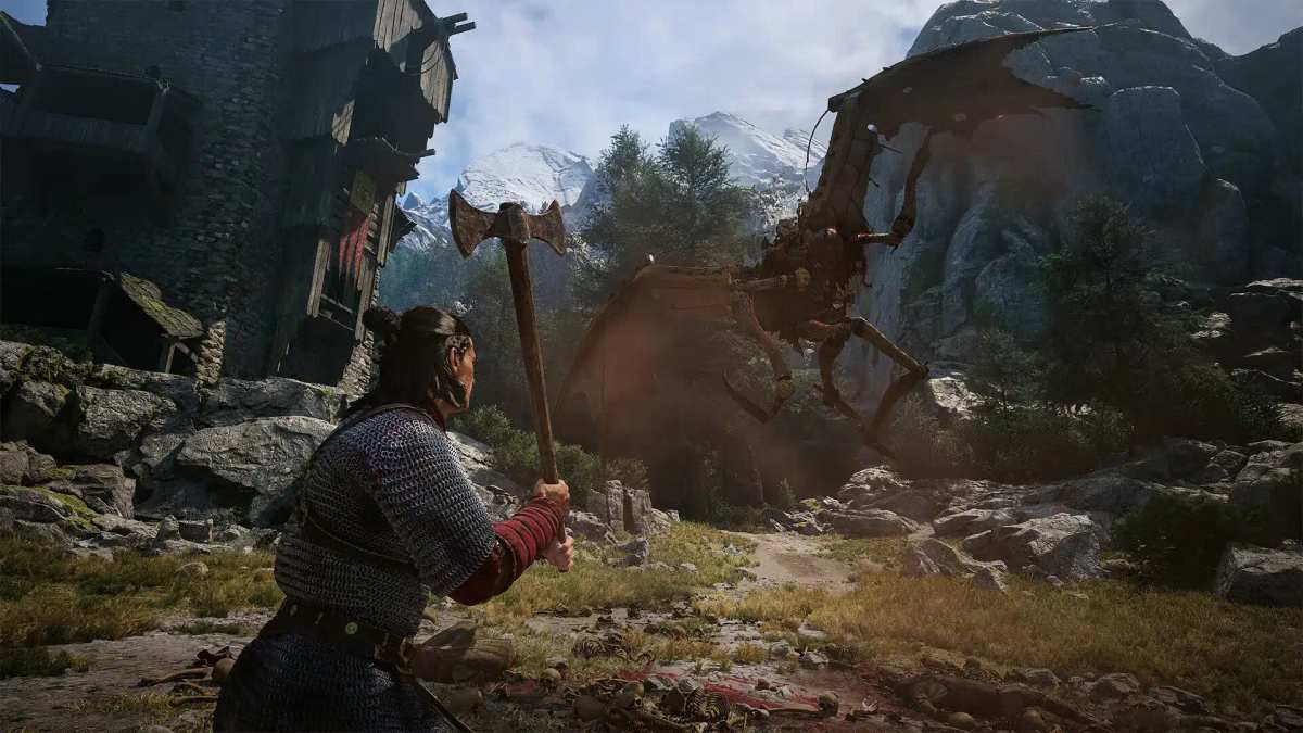 Um guerreiro com um grande machado enfrentando uma criatura alada em uma paisagem montanhosa em The Blood of Dawnwalker