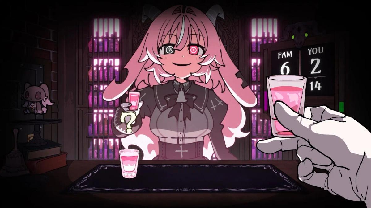 Captura de tela da jogabilidade de Drunken Goddess Reflux mostrando uma personagem de anime com cabelo rosa durante um jogo de bebida.