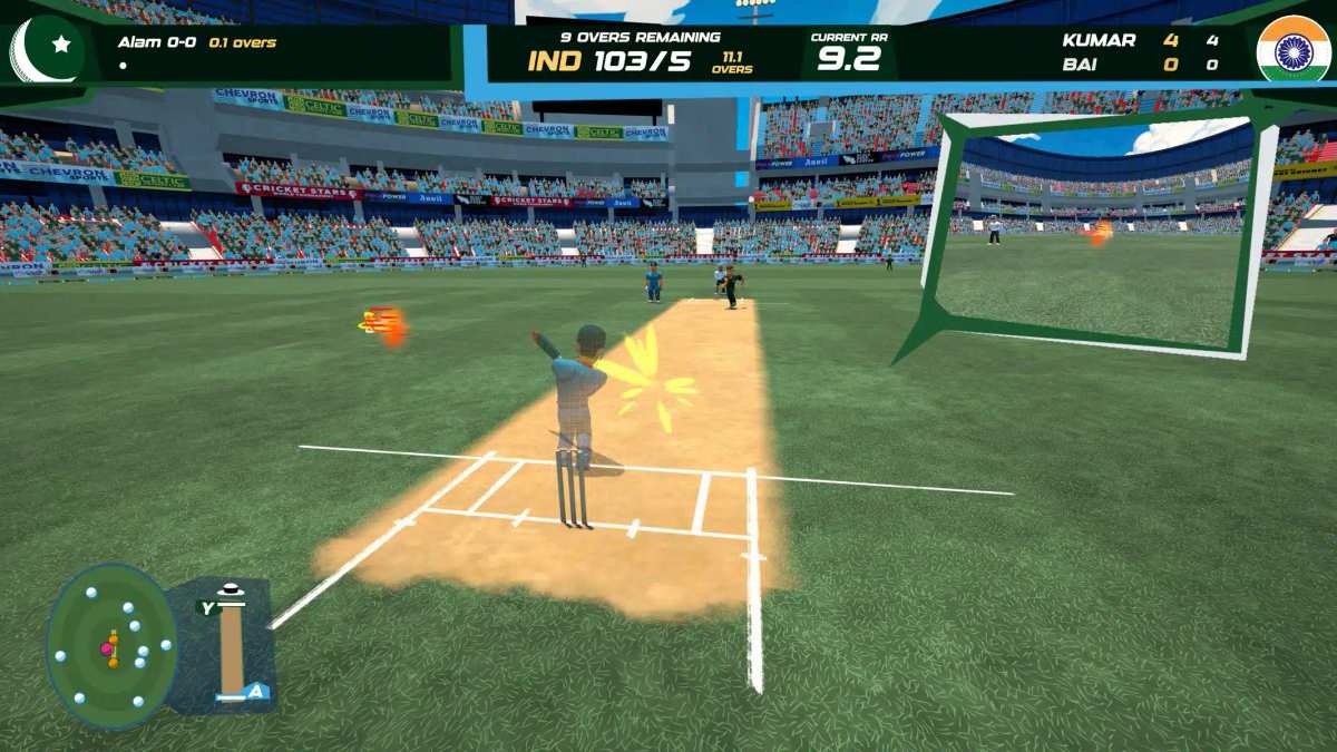 Captura de tela da jogabilidade de Don Bradman Cricket Jr apresentando uma partida de críquete estilizada em um estádio.