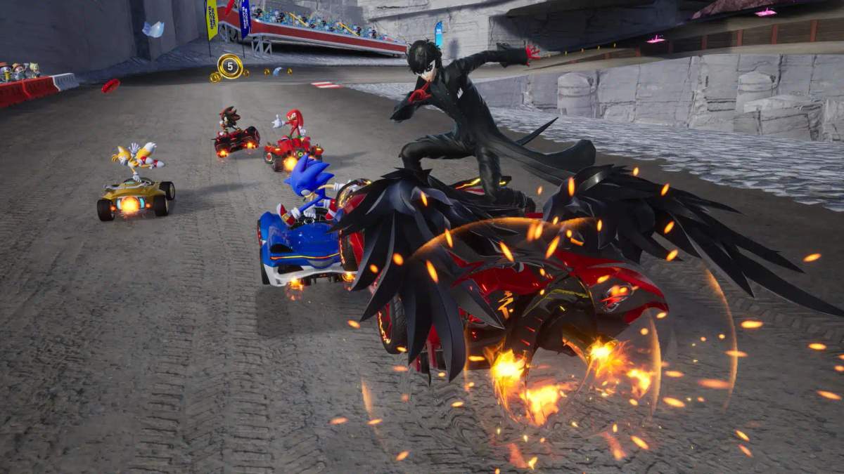 Gameplay de Sonic Racing: CrossWorlds mostrando Sonic e outros personagens de crossover correndo em carros.