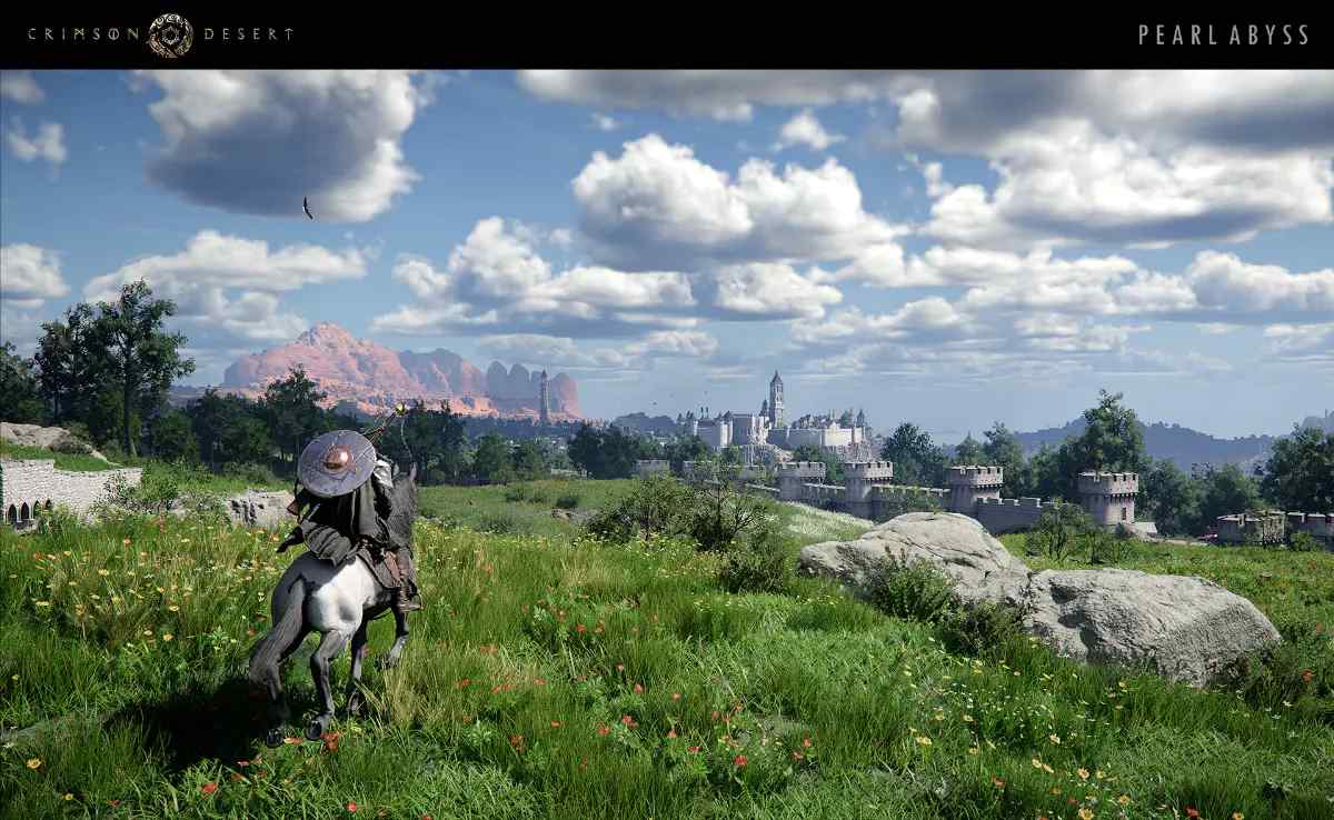 Um personagem montado a cavalo observando uma vasta paisagem com um castelo medieval e montanhas vermelhas em Crimson Desert.